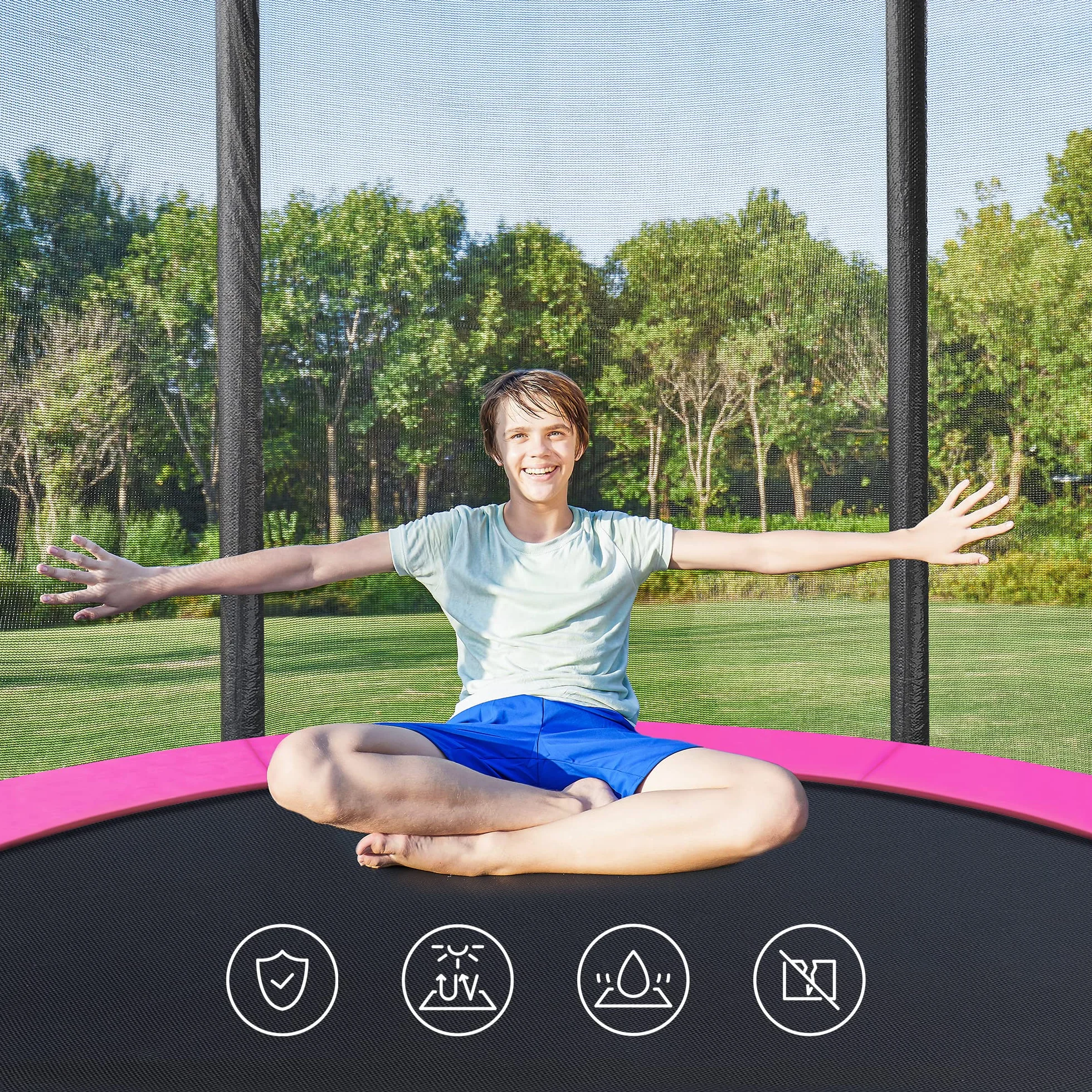 SONGMICS trampolina zewnętrzna, trampolina ogrodowa Ø 183 cm, z siatką zabezpieczającą, osłoną zabezpieczającą, nośność do 100 kg, do ogrodu, różowa STR061P01