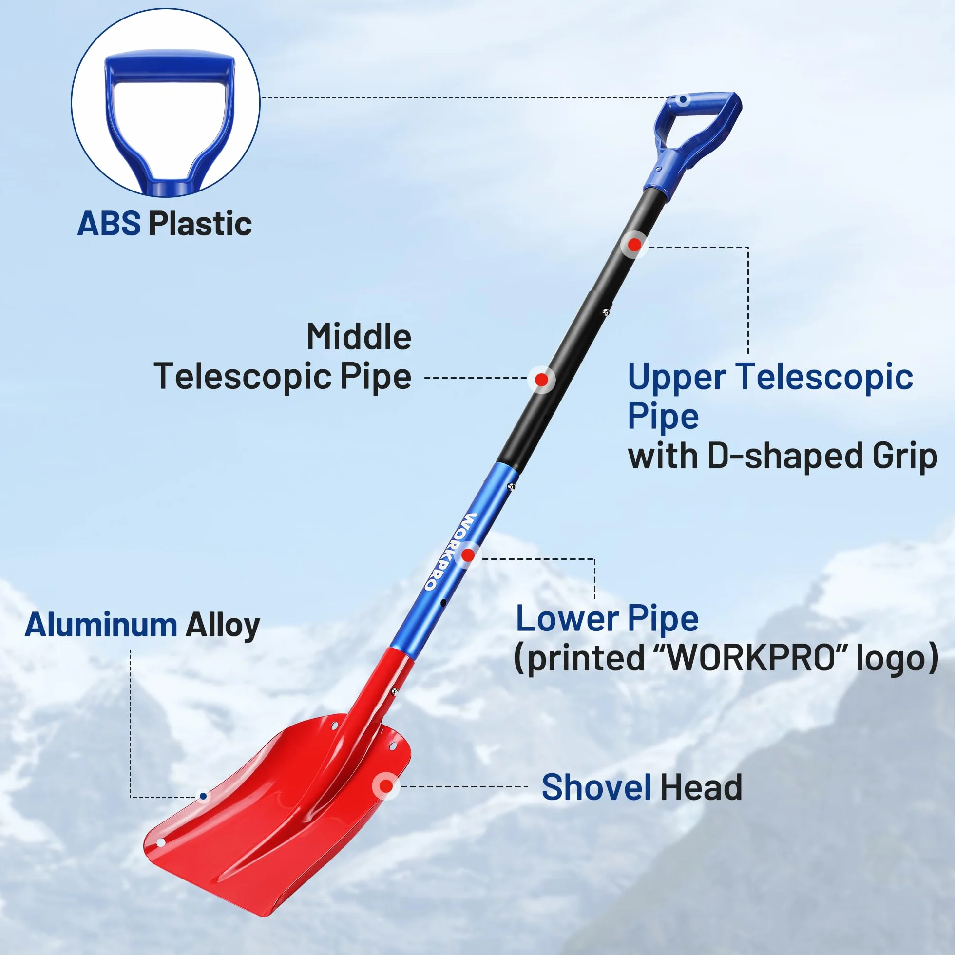 WORKPRO Aluminiowa Łopata Do Śniegu, Odłączana Łopata Ze Składanym Teleskopowym Trzonkiem 65,5–120 Cm, Szufla Śnieżna/Łopata Lawinowa Z Torbą Transportową