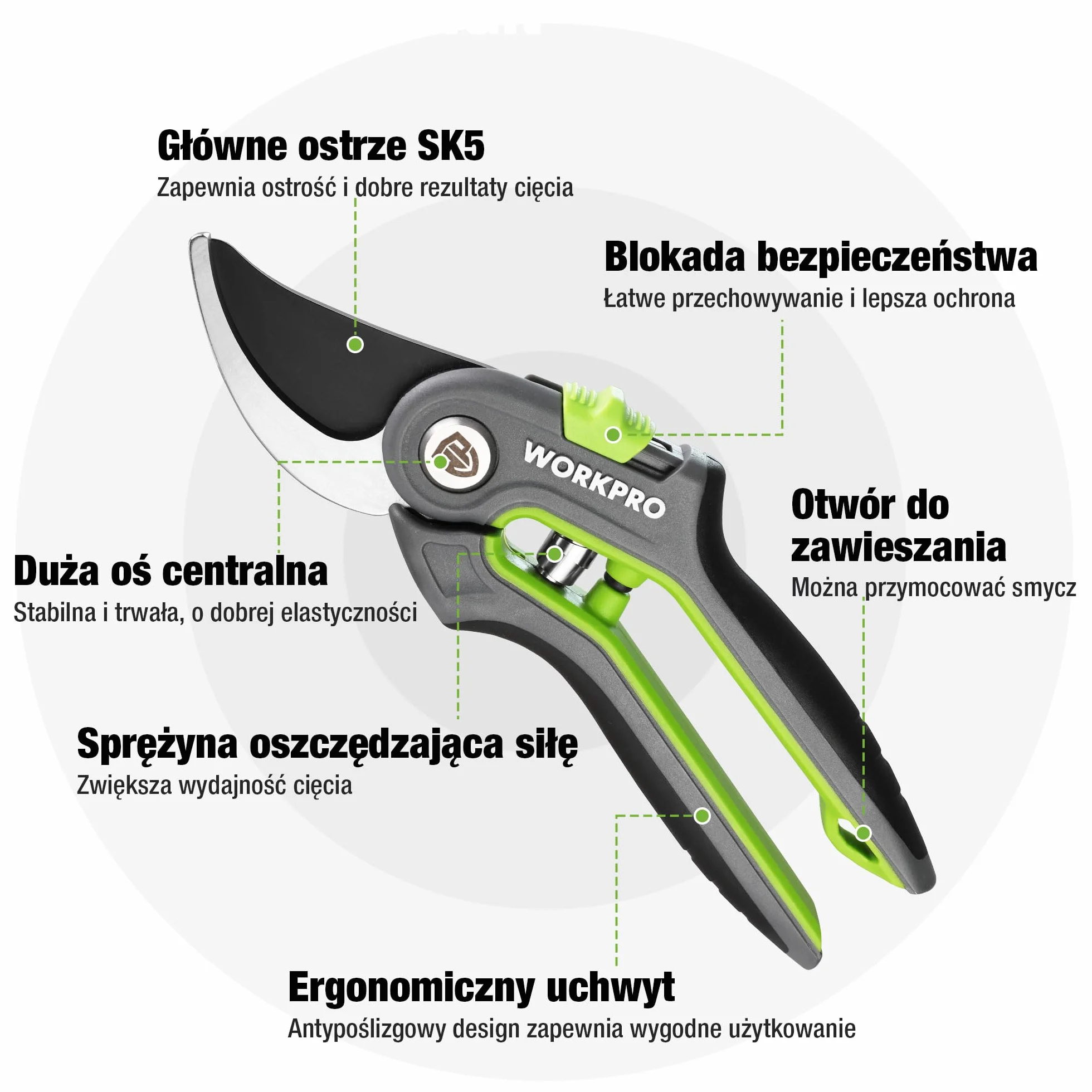 WORKPRO SK5 Bypass 2-Częściowy Zestaw Narzędzi Ogrodowych, Sekator 210 mm, Nożyce 160 mm Do Gałęzi, Kwiatów, Owoców, Roślin, Drzew i Róż