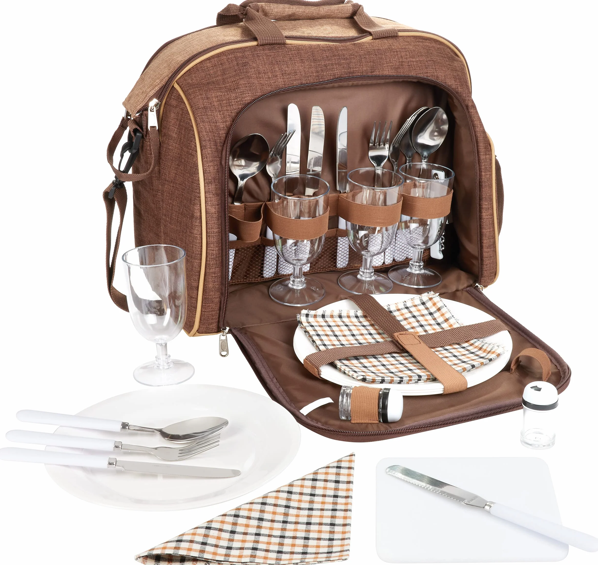 Brubaker Torba piknikowa dla 4 osób z komorą chłodzącą – przenośna jako torba na ramię lub torba na ramię – brązowa 38 × 30 x 21,5 cm