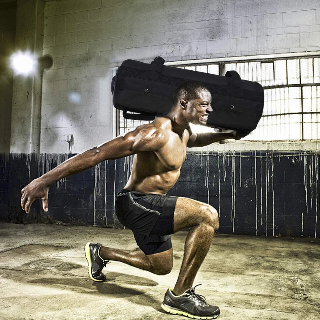 Jecxep Worek z piaskiem, regulowana torba treningowa do fitnessu i crossfitu, zestaw ciężkich ciężarków treningowych z 3 torbami wewnętrznymi, 6 uchwytami, czarna, nylon, 65 x 23 cm