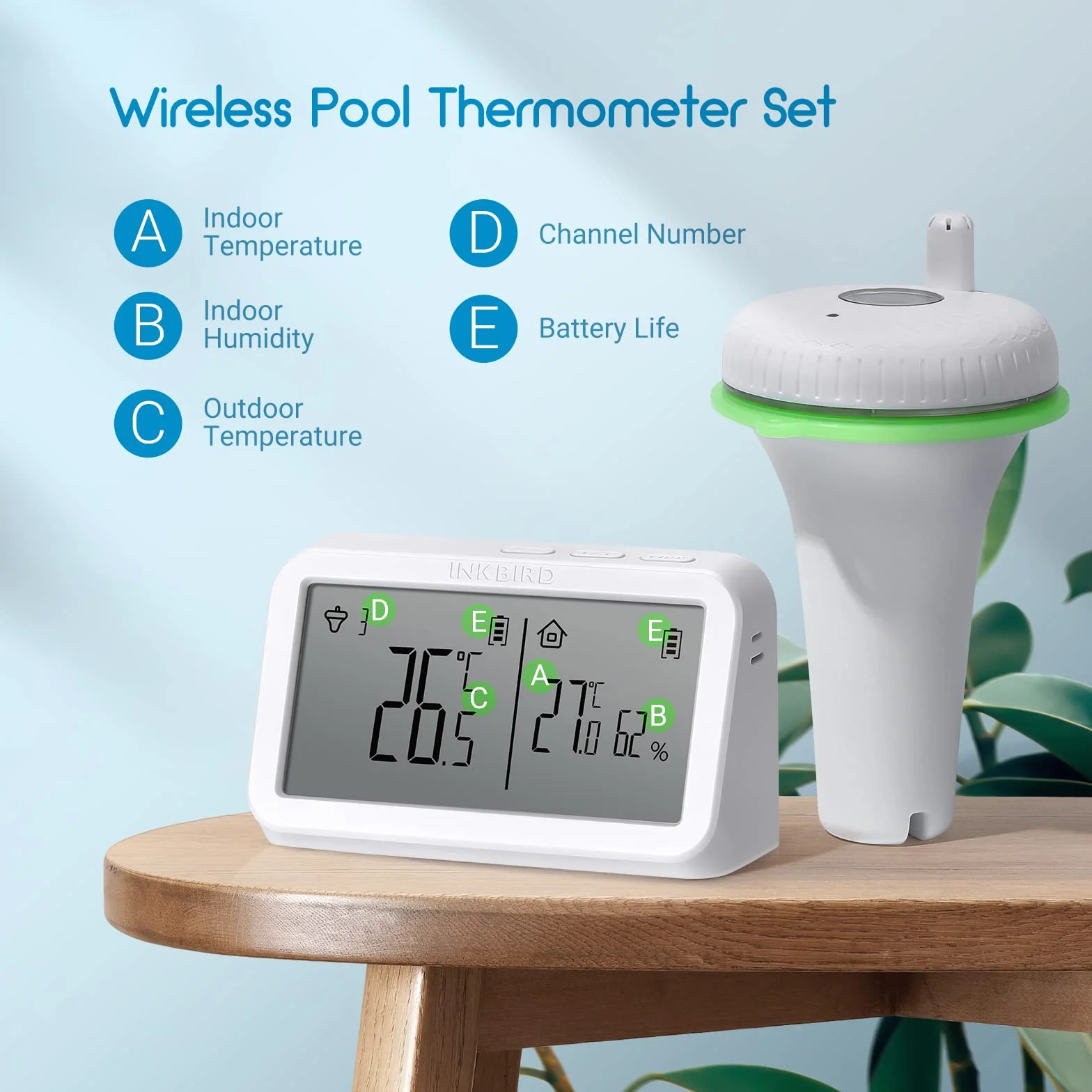 INKBIRD IBS-P02R Bezprzewodowy pływający termometr do basenu z monitorem temperatury i wilgotności, duży ekran do basenu, akwarium