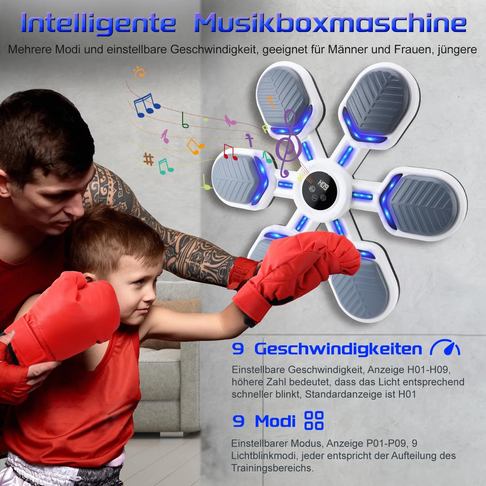 Music Boxing Machine – model ścienny z muzyką Power Boxing, maszyna bokserska Bluetooth z rękawicami bokserskimi, maszyna LED, 9 prędkości, 9 trybów, dla dzieci i dorosłych