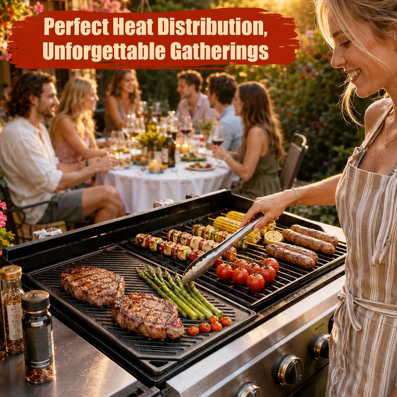 Denmay Żeliwna płyta grillowa, 42 x 24 cm, nieprzywierająca, odwracalna, do grilla gazowego, piekarnika, grilla na świeżym powietrzu lub ogniska, 1 sztuka