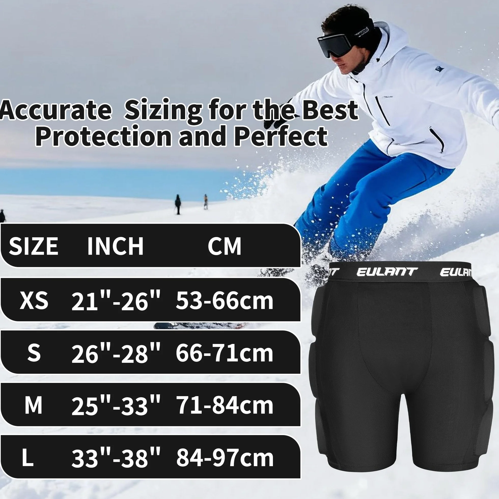EULANT Ochronne wyściełane szorty na snowboard, narty, łyżworolki, rowery, ochraniacze 3D, na biodra, pośladki, kość ogonową, czarne