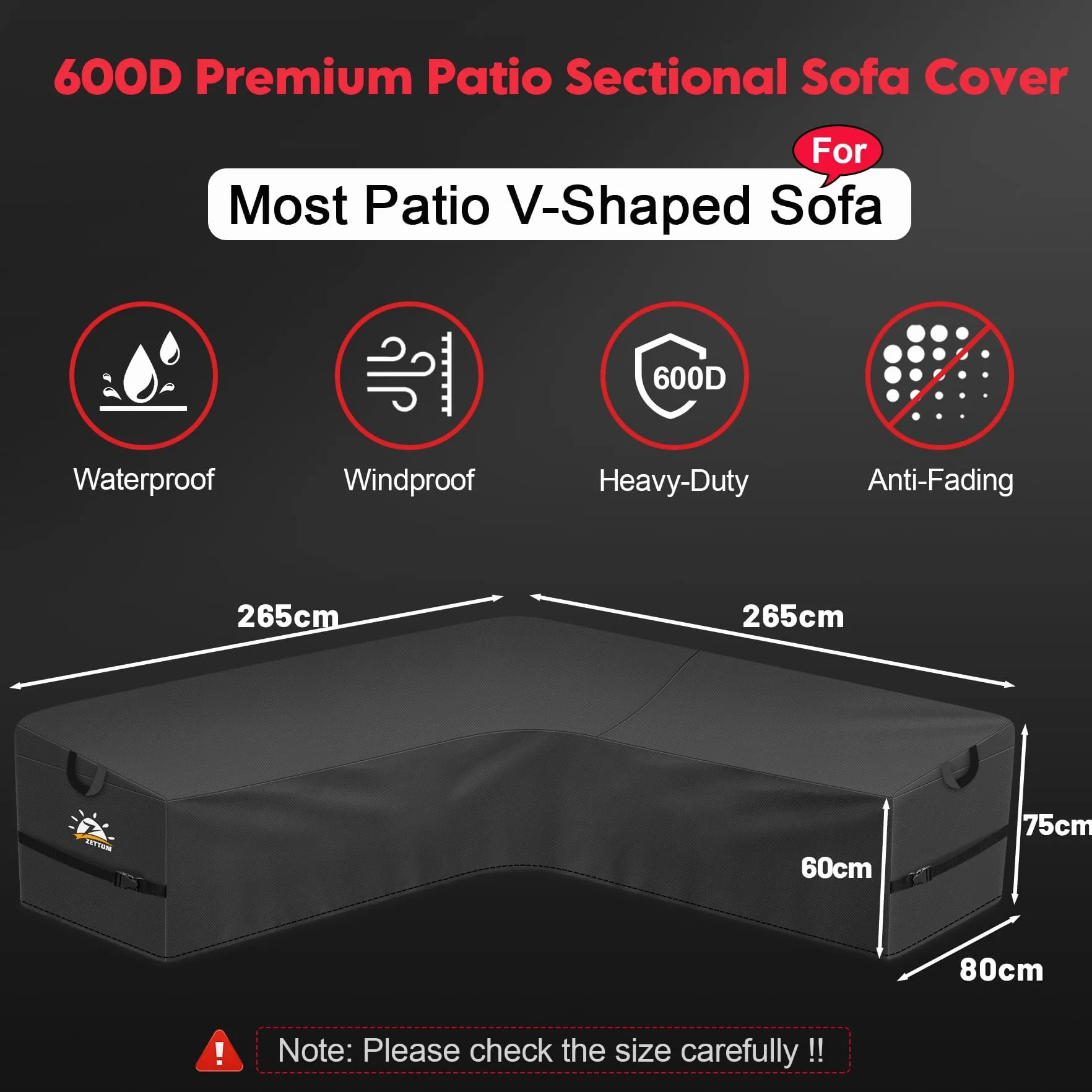 Zettum Pokrowiec na meble ogrodowe w kształcie litery V, 265 x 265 x 80 W, pokrowiec na sofę narożną 600D Oxford, wodoodporny pokrowiec na sofę, meble wypoczynkowe