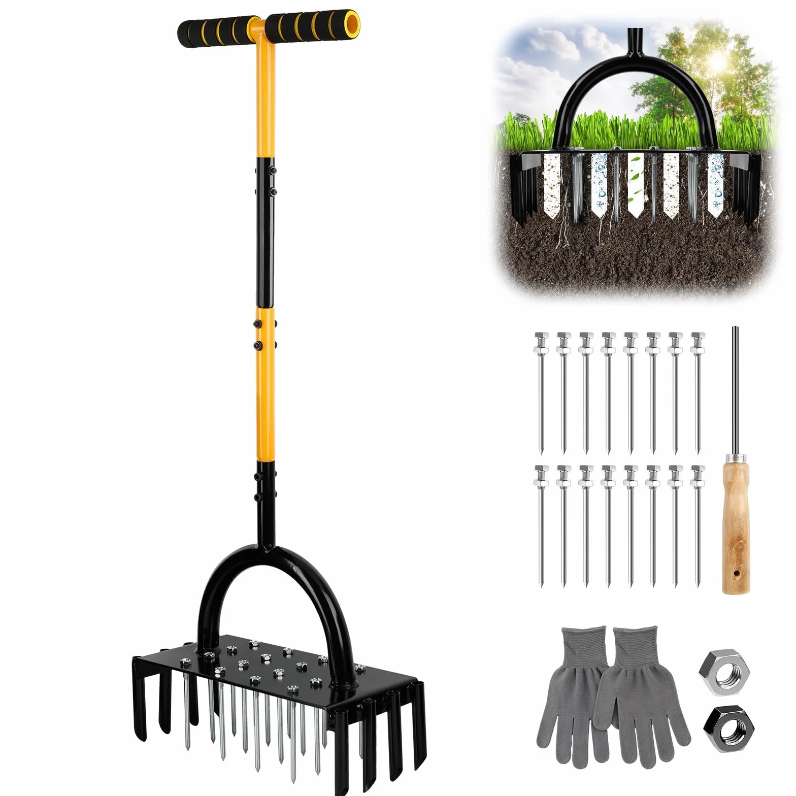 Aerator Narzędzie do trawnika, 96 cm Aerator Cesped Scarifier Ręczny napowietrzacz ziemny z uchwytem T z 17 kolcami z litej stali 9 cm do napowietrzania trawnika, patio, gleby