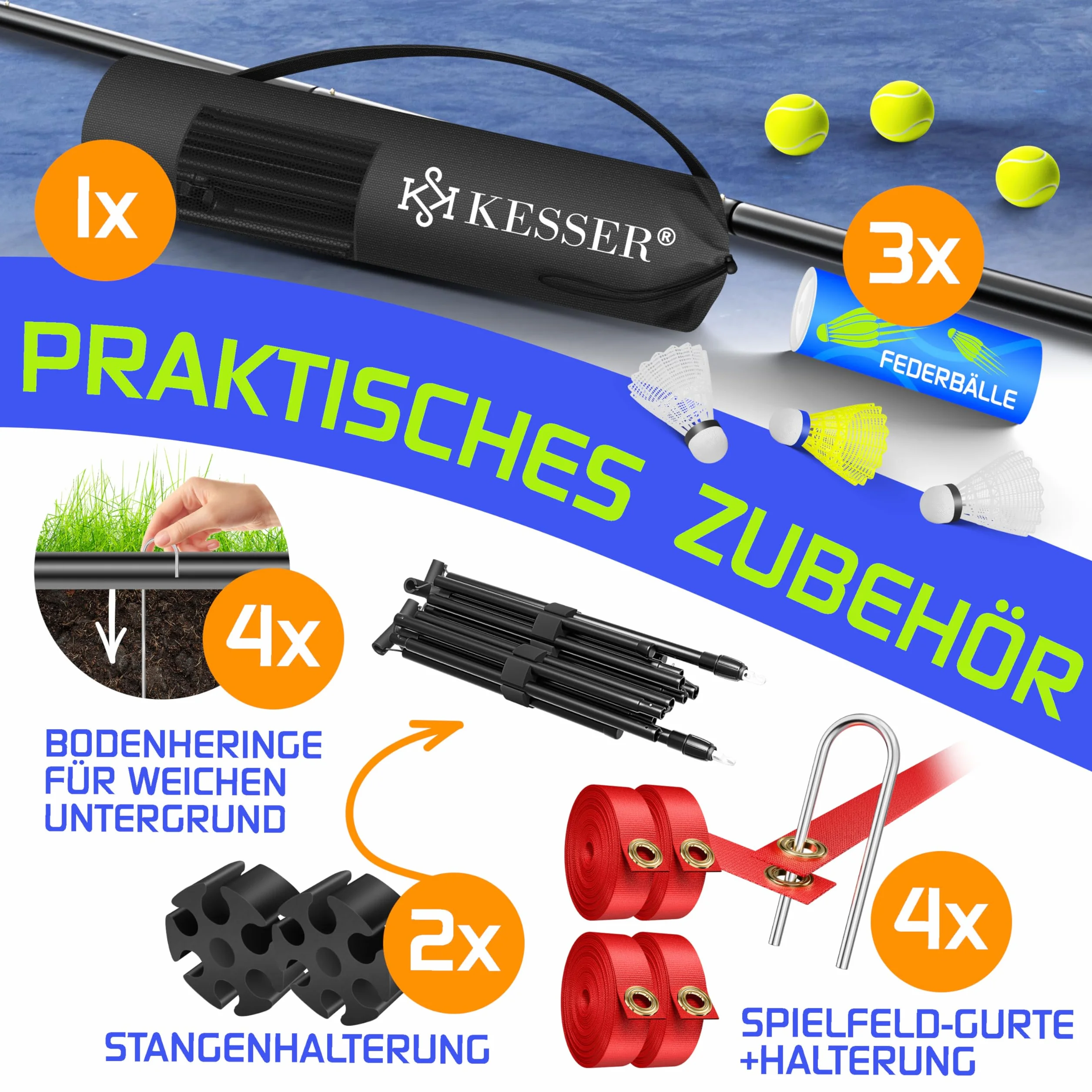KESSER® Siatka do badmintona, siatka tenisowa, 300 cm, 400 cm, 500 cm, 3-stopniowa regulacja wysokości, zestaw składa się z siatki, 3 lotki, stabilnej ramy z żelaza, torby transportowej, wewnątrz i na