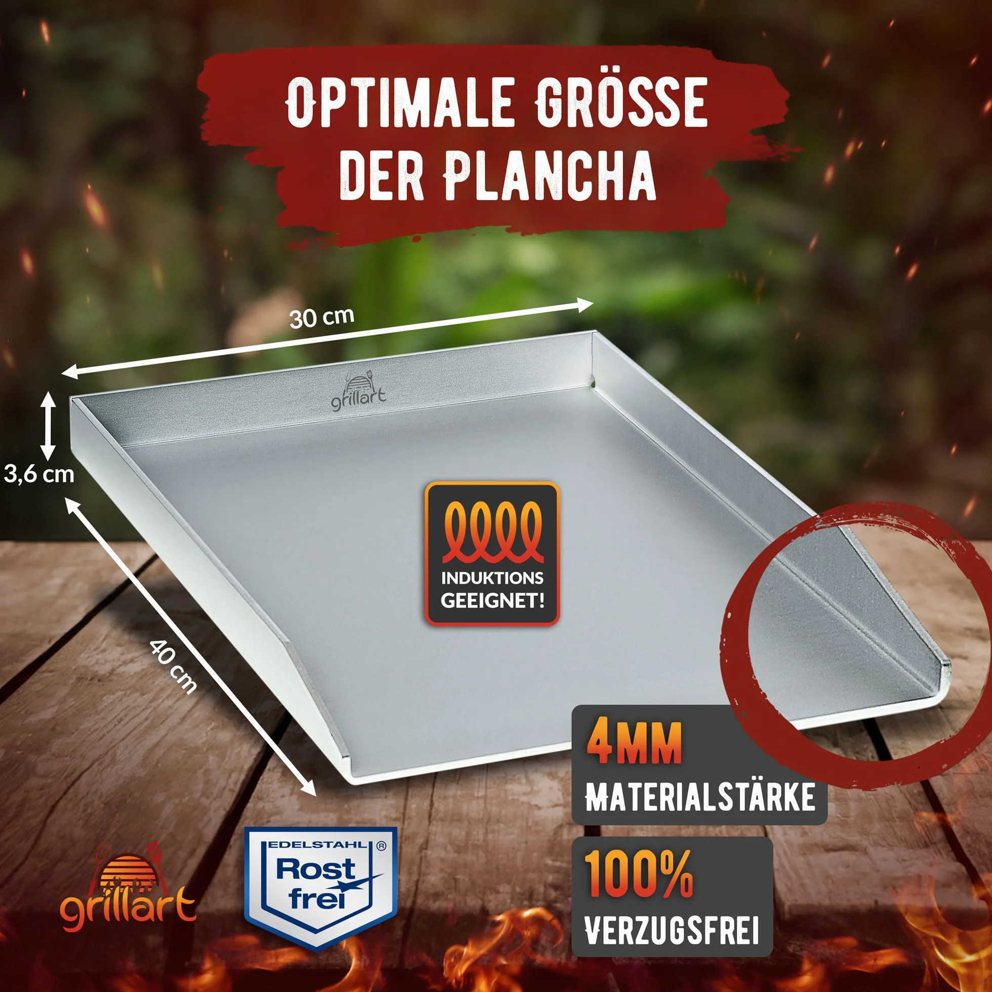grillart® Premium Plancha grillowa z szpachelką do grilla z masywnej stali nierdzewnej 4 mm, rozmiar uniwersalny 30 x 40 cm, nadaje się do kuchenek indukcyjnych - mycie w