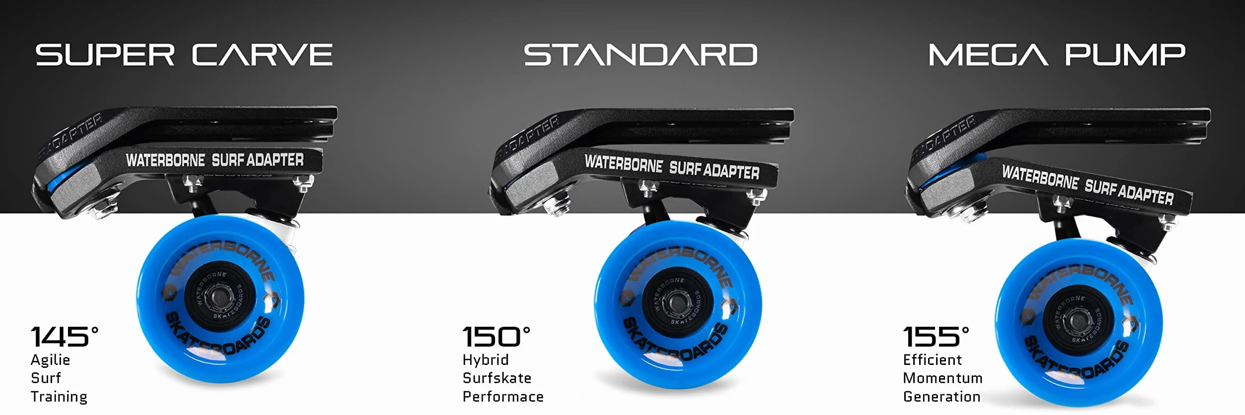 WATERBORNE SKATEBOARDS System FIN - adapter do surfowania i szyny Pakiet wysokiej wydajności - Ciężarówki Surfskate pasują do dowolnej deskorolki - Dostosuj opatentowane płetwy dla 3 trybów jazdy surfingowej - Carving Truck do surfowania