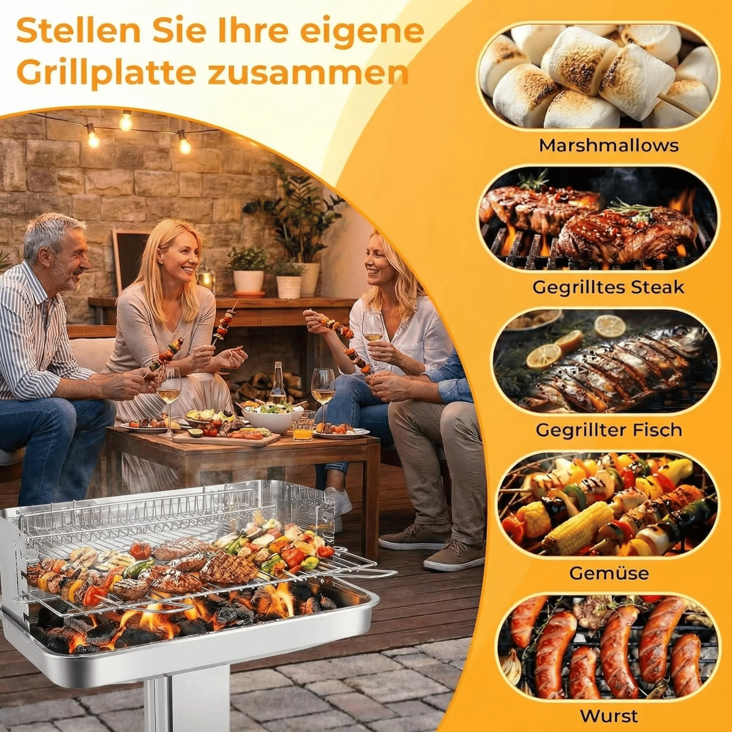 Grill na węgiel drzewny, stal nierdzewna, grill kolumnowy, grill na kemping, plażę, do ogrodu, na imprezę, z rusztem do grillowania z 5-stopniową regulacją wysokości, kosz do przechowywania, pojemnik