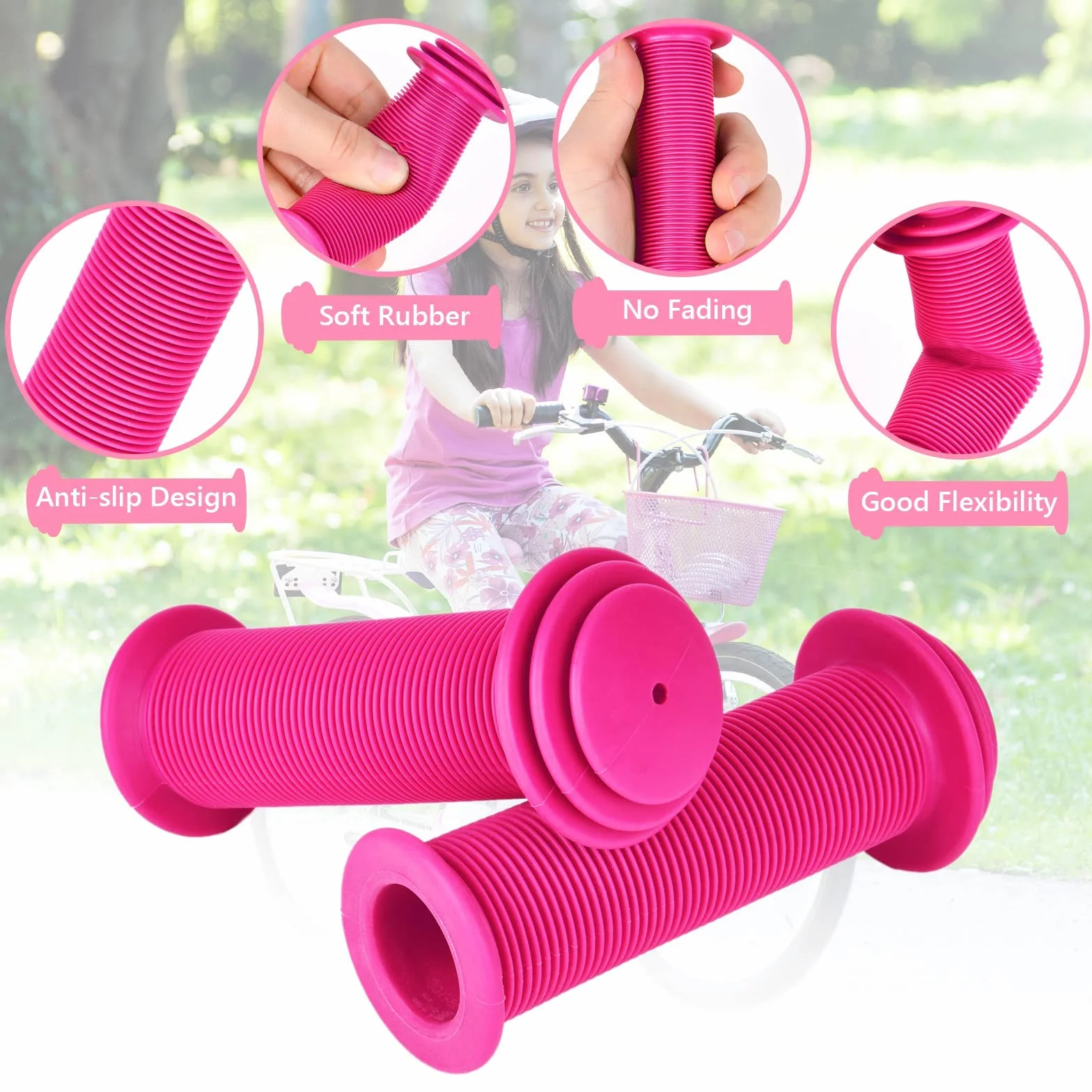 URAQT Uchwyty rowerowe dla dzieci, 22mm antypoślizgowe gumowe uchwyty dla dziecka, uchwyty kierownicy rowerowej z ochroną bezpieczeństwa, do rowerów dziecięcych, trójkołowych, skuterów (różowy)