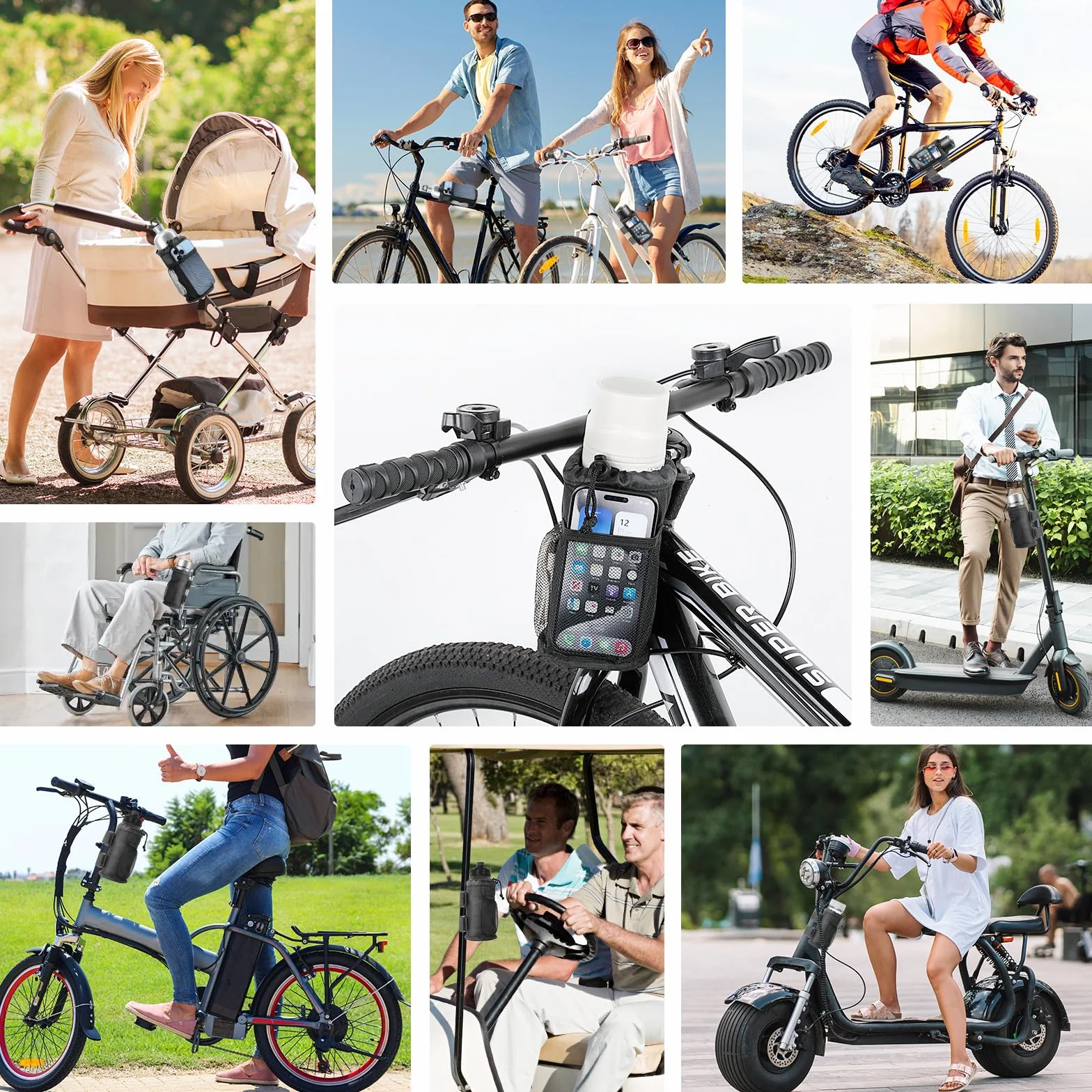 AiQInu Uchwyt na butelkę rowerową, stojak na bidon Oxford bez śrub, przenośny uchwyt na butelkę MTB z kieszenią z siatki z przodu, do wózków dziecięcych, wózków inwalidzkich, skuterów i terenowych itp