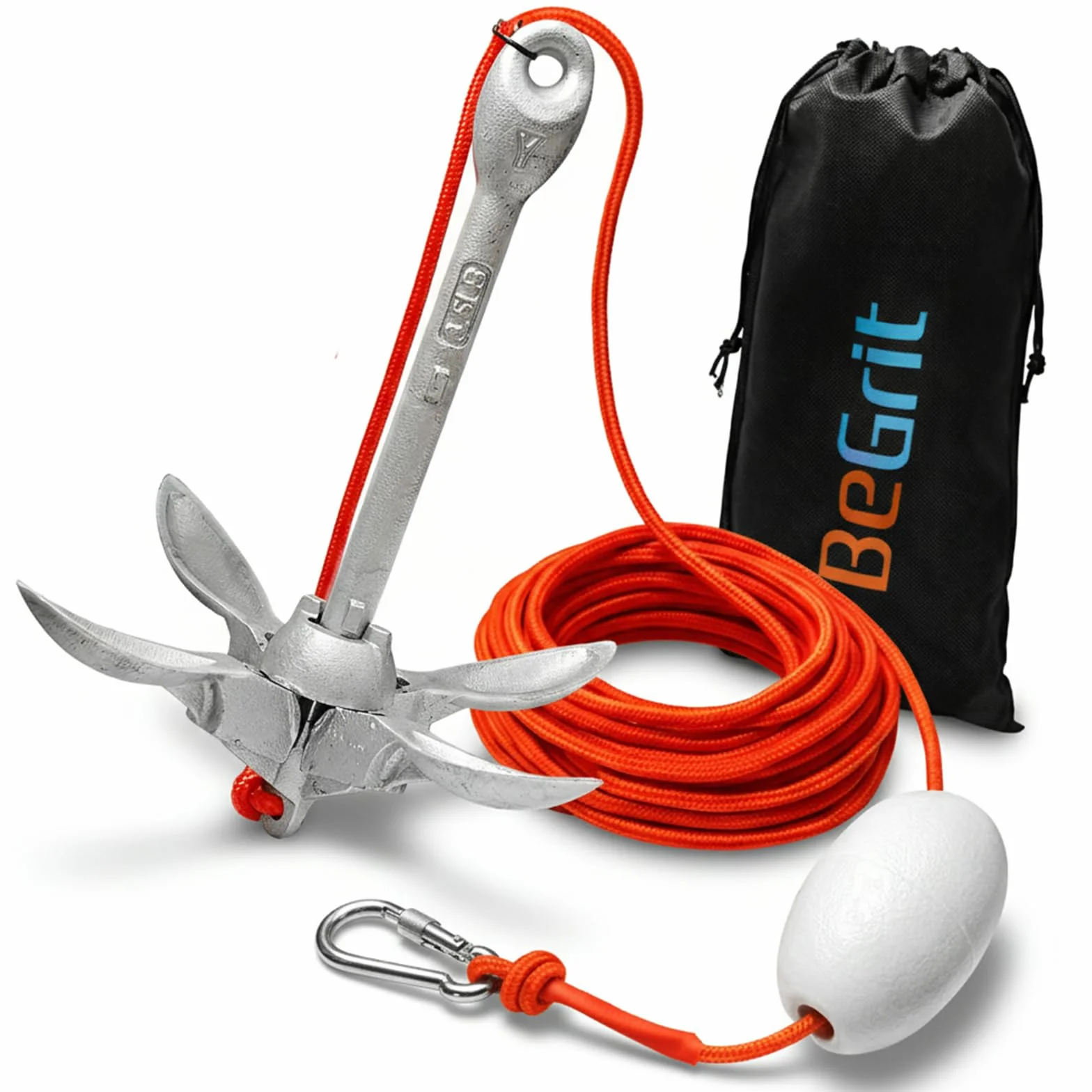 BeGrit 1.5kg/3.3lb kotwica składana do skutera wodnego kajaka łódki wędkarskie gumowy jacht kajakowy, Składany zestaw kotwiczny z pływakiem, zamkiem, liną 10m