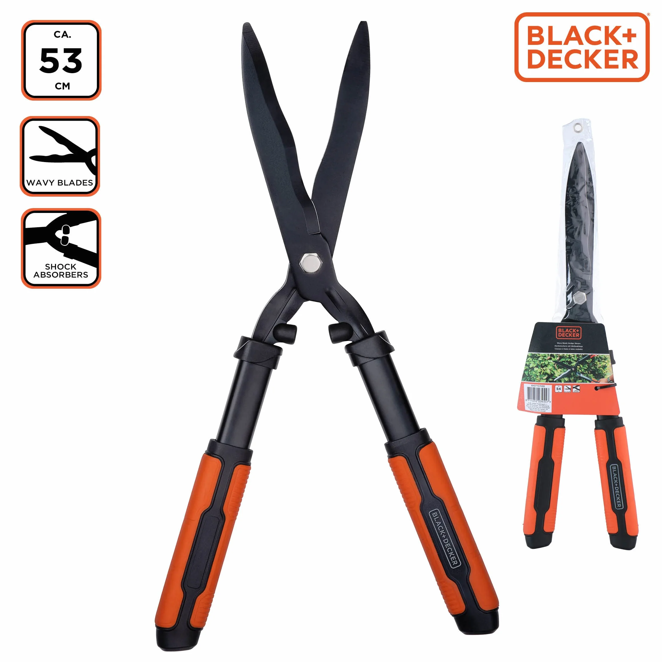 BLACK+DECKER Nożyce do żywopłotu – ząbkowane ostrza stalowe – 53 cm – czarne/pomarańczowe