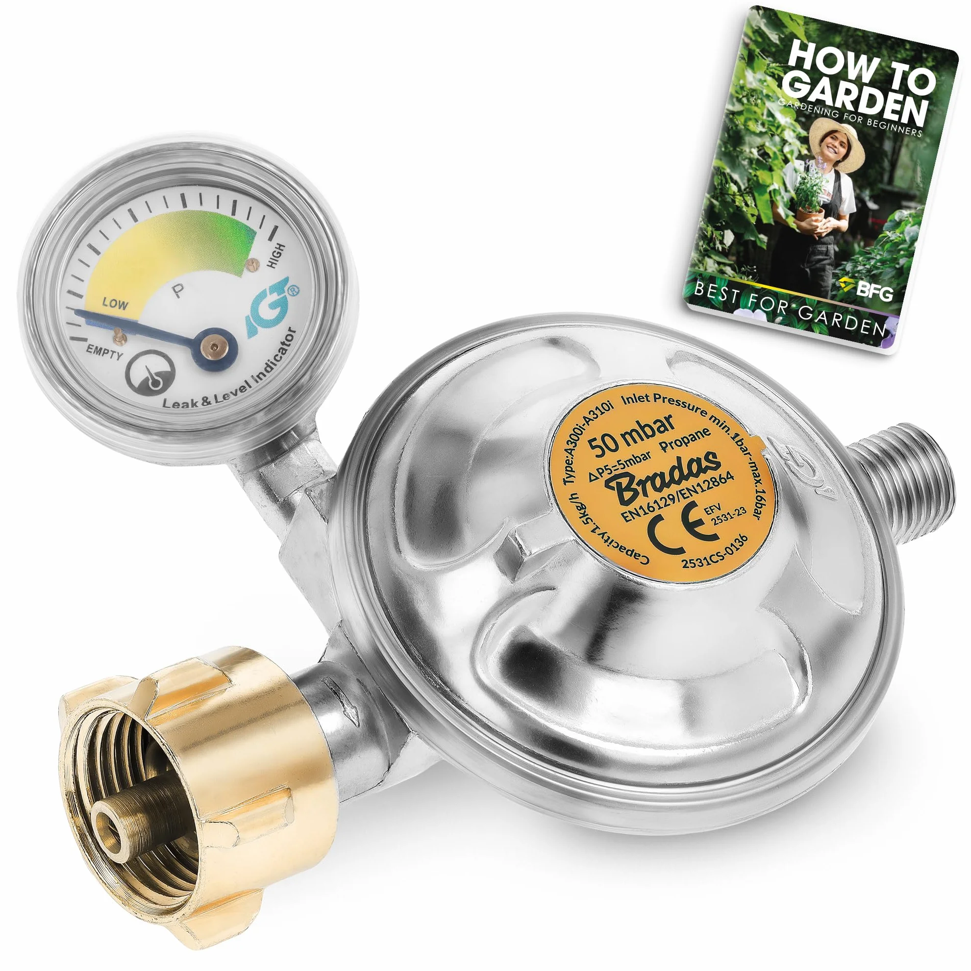 BFG reduktor gazowy z manometrem 50 mbar 1,5 kg/h, z zaworem bezpieczeństwa i manometrem GZ 1/4"L I Idealny do użytku domowego, na grilla, camping