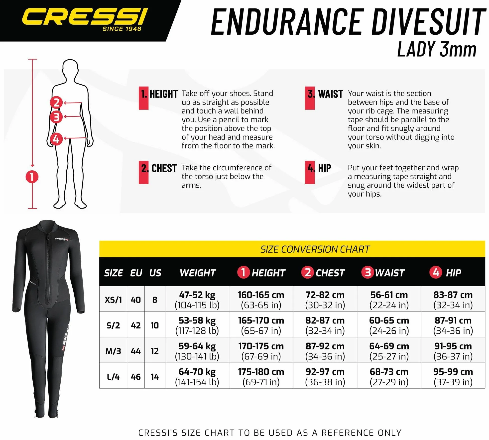 Cressi Endurance Lady Monopiece kombinezon 3 mm - damski podwójnie wyściełany neoprenowy czarny 3 mm jednoczęściowy kombinezon do nurkowania i snorkelingu, M/3