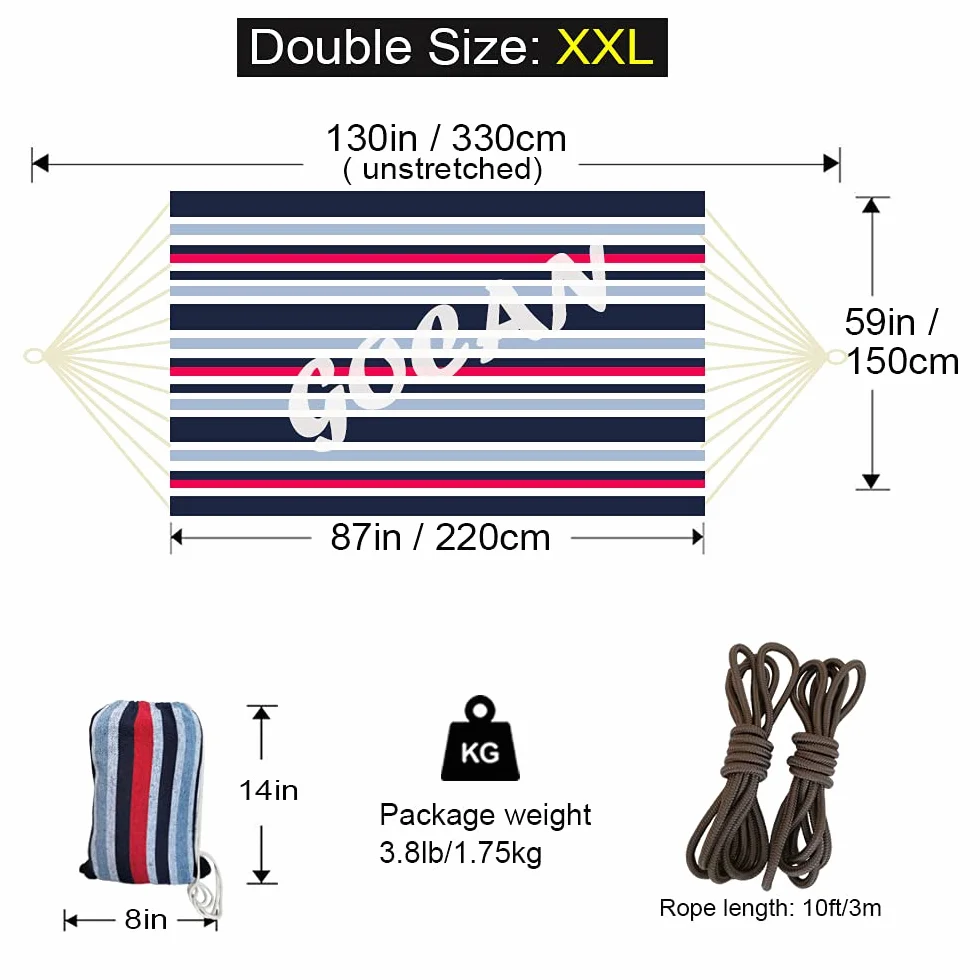 GOCAN Brazylijski dwuosobowy hamak, dla 2 osób, bardzo duży płótno, 220 x 150 cm, długość całkowita: 330 cm, obciążenie 300 kg, bawełniany hamak na patio, do ogrodu, na podwórko, do wypoczynku na