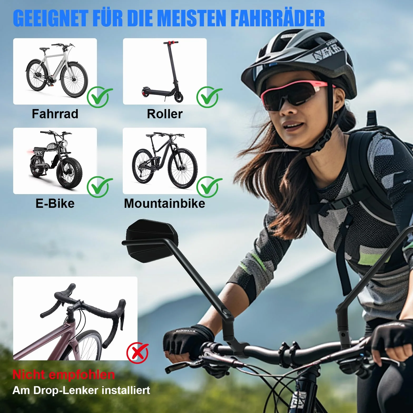 Diyife Lusterko Rowerowe Obrót 360° Duża Powierzchnia Szkła PA6+GF 22–25,5 mm