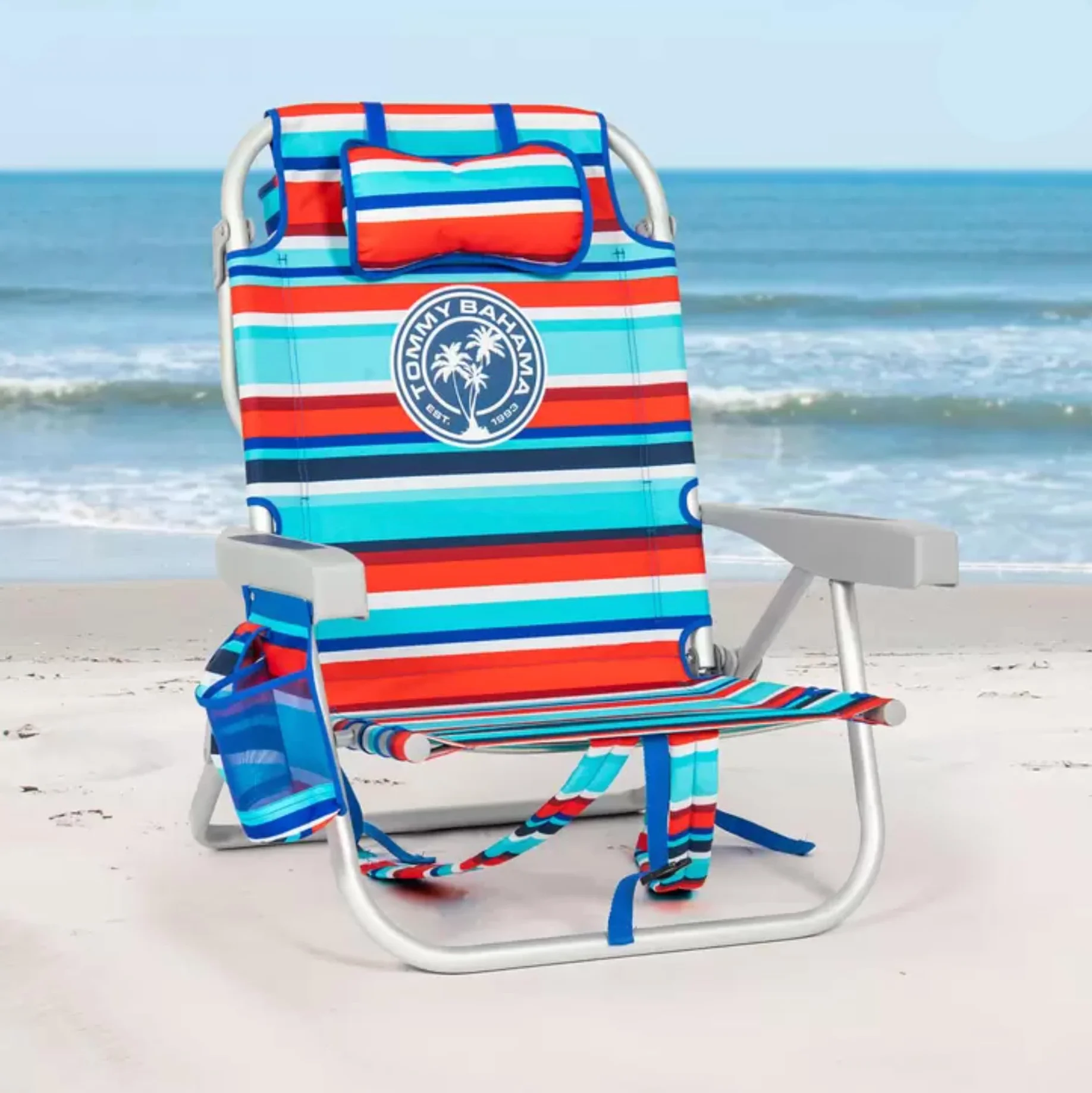 Tommy Bahama Krzesło Plażowe z Plecakiem Model 2025 – Składane, Regulowane i Lekkie | 5 Pozycji | Tropikalny Design | Aluminiowa Rama | Czerwono-Turkusowe Paski