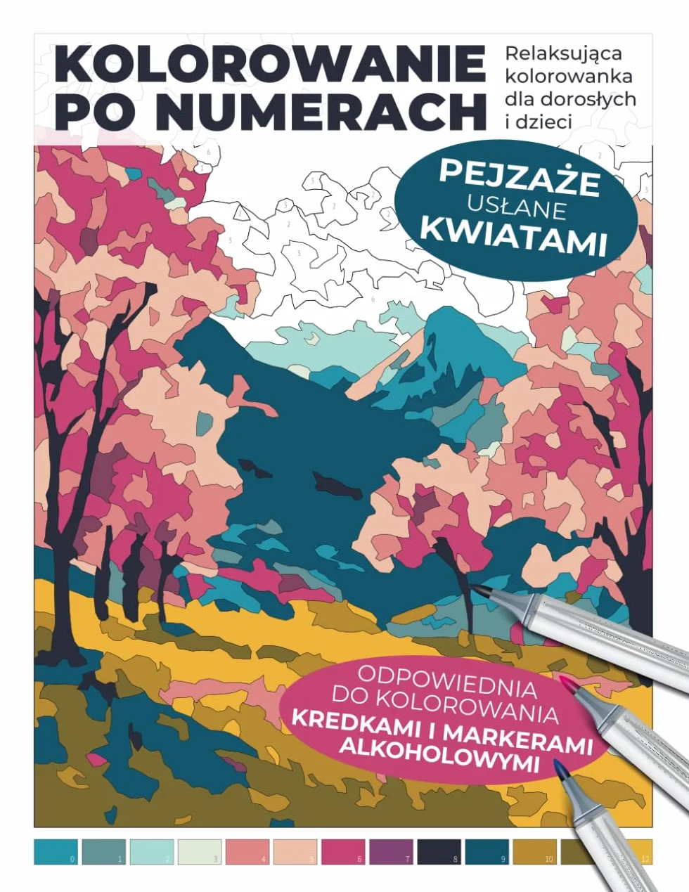 Kolorowanie po numerach | Pejzaże usłane kwiatami | Relaksująca kolorowanka dla dorosłych i dzieci, odpowiednia do kolorowania kredkami i markerami alkoholowymi