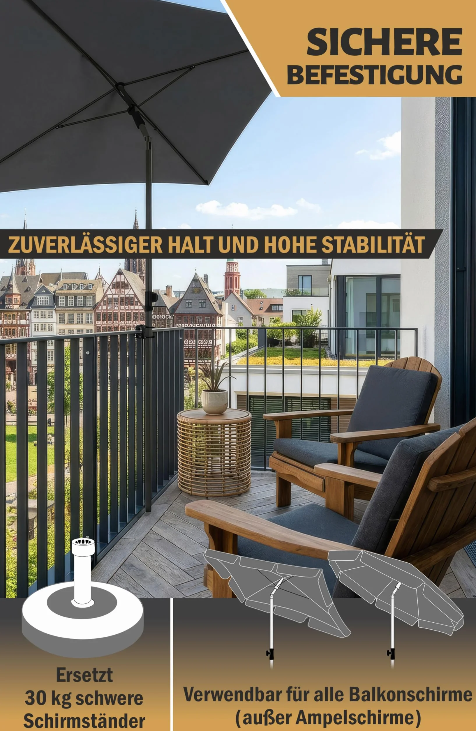 Menz Uchwyt na parasol przeciwsłoneczny, balustrada balkonowa w kolorze czarnego rzepaka – elastyczny uchwyt na parasol balkonowy, solidny uchwyt na parasol jako kompaktowy stojak na parasol balkonowy