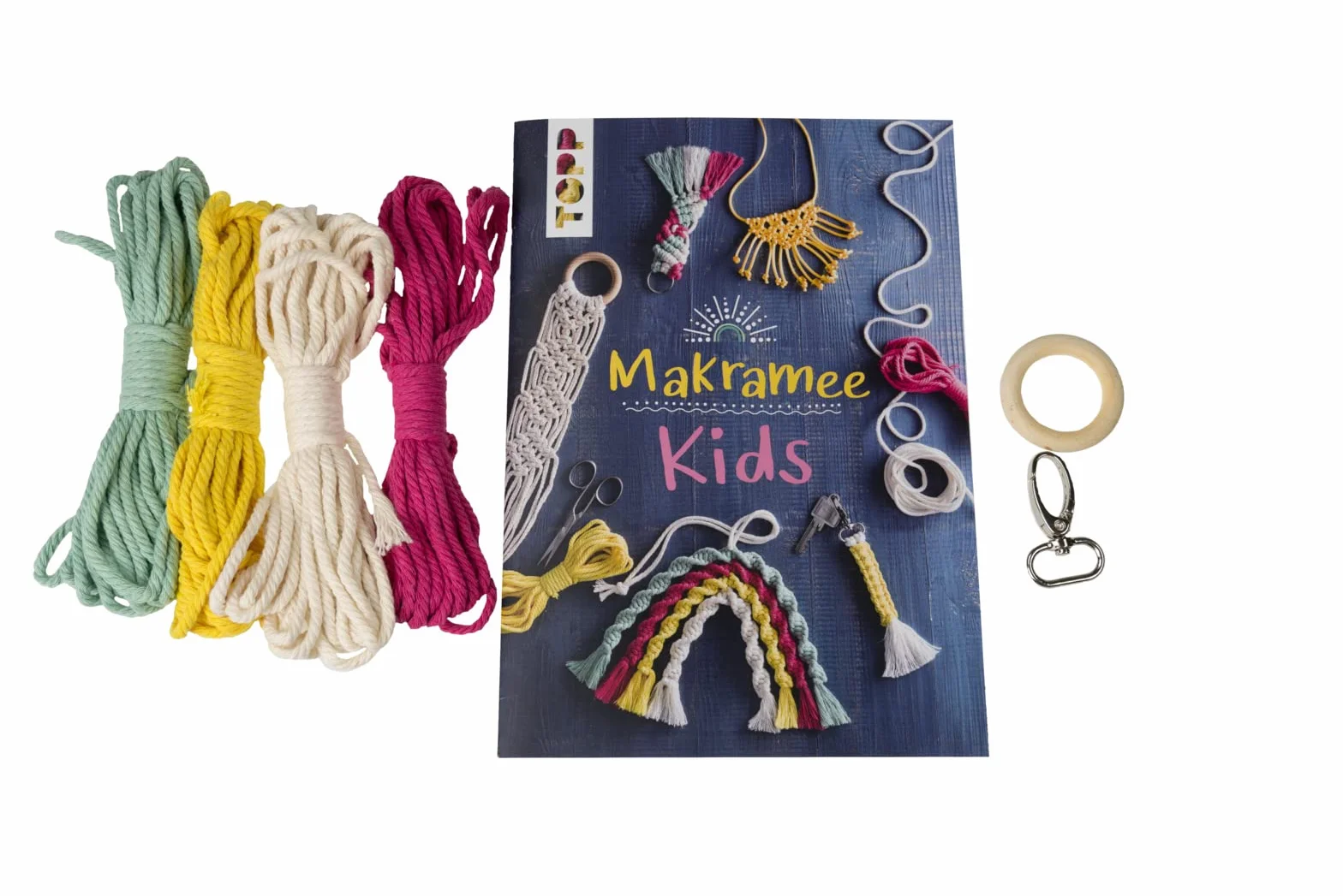 Kreativ-Set Makramee Kids: Buch mit Grundlagen und Anleitungen für tolle Makramee-Projekte, Garn in 4 Farben, Holzring und Schlüsselanhänger für Regenbogen und Schlüsselanhänger (Buch plus Material)