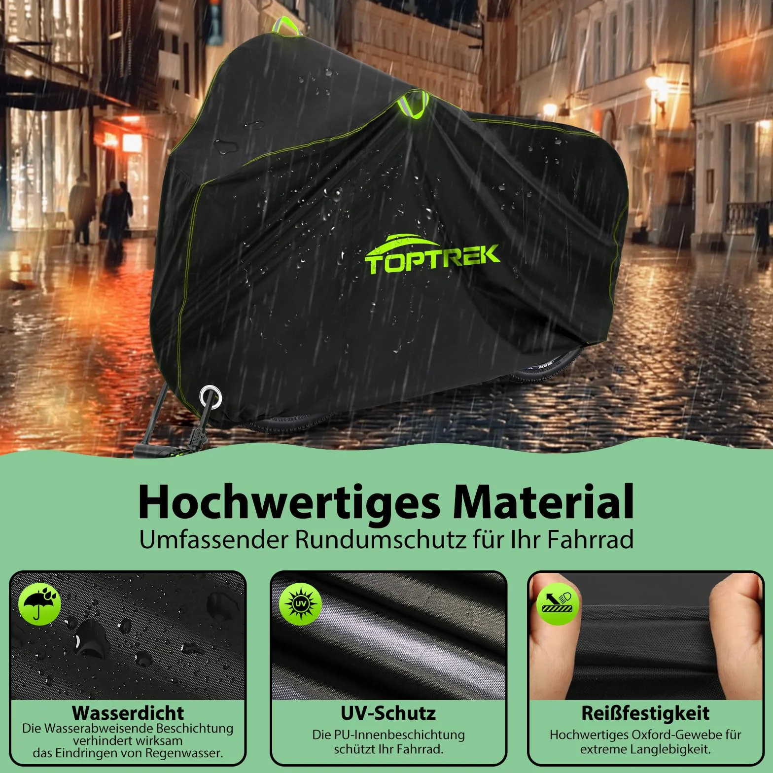 toptrek Pokrowiec na rower, tkanina Oxford 210D, wysokiej jakości plandeka na rower z oczkami, ochrona przed słońcem, odporna na rozerwanie, z workiem (czarna, 200 x 110 x 70 cm, na 1 rower)